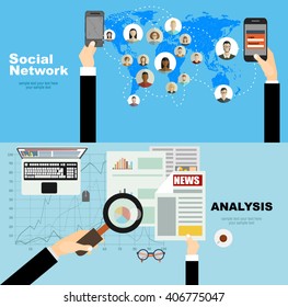 Global social network abstract scheme. Business analysis and planning, consulting, team work. Concepts web banner and printed materials.