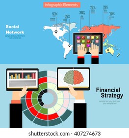 Global social network abstract scheme. Business analysis and planning, consulting, team work. Concepts web banner and printed materials.