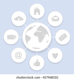 Global social network abstract scheme. House message mail like heart cloud world map icons