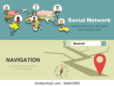 Global social network abstract scheme.Vector illustration concept of holding tablet with mobile navigation. 