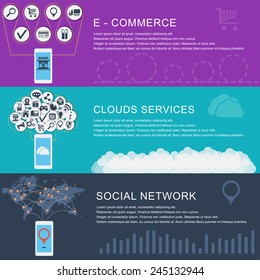 Global Social Network, clouds services, e-commerce. Flat design style modern vector illustration concept for web and infographic. Banners for websites.