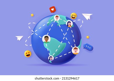 Global social network concept 3D illustration. Personal profiles of people connected with each other around the world, posts, comments and likes. Vector illustration for modern web banner design
