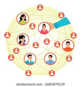 Conceito de Rede Social Global. Uma rede global de pessoas conectadas e avatares forma uma rede vibrante de colaboração e comunicação, mostrando trabalho em equipe, comunidade e conectividade digital.