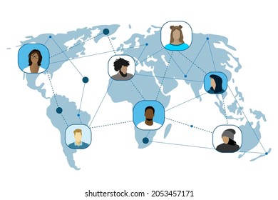 Global social network connection. User avatars on a map.People connecting together, learning or meeting online.Remote work.Global communication scheme.Infographics.
