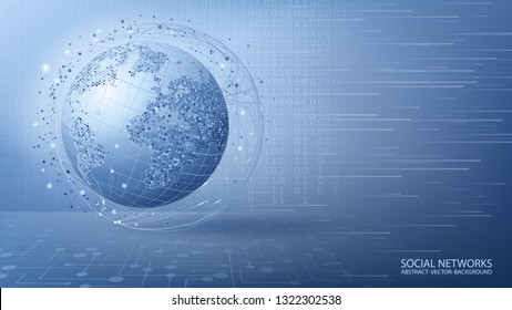 Globales soziales Netzwerk. Internet und Technologie. Blauer futuristischer Hintergrund mit Planet Erde. Abstraktes Bild von Punkten und Linien. Wirkung von Glühen und Bewegung. Zukunft. Vektor. Platz für Text.