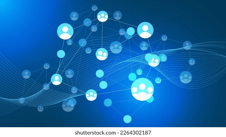 Global social network. Internet and technology. Blue futuristic background with wavy lines. Vector illustration. EPS 10.