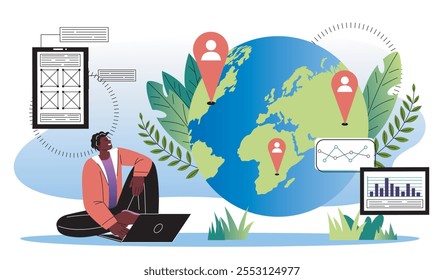 Global social network. Man with laptop near globe with GPS pin. International communication and interaction in social media and messengers. Flat vector illustration isolated on white background
