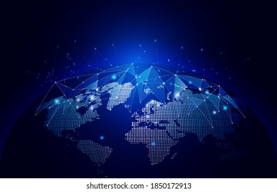 Global social network map of the planet. Abstract halftone point on dark background with world map of world. 3D mesh polygonal network line, design, sphere, dot. Abstract vector illustration