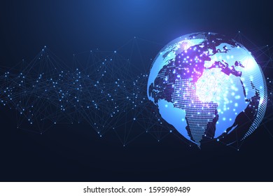 Global social network. Networking and data connection concept. Worldwide internet and technology. Dynamic waves connected by plexus light lines. Virtual digital composition. Vector illustration
