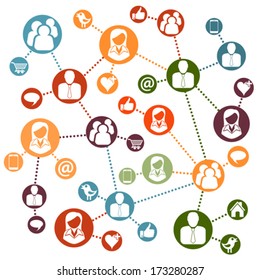 Global Social Network and Teamwork Concept in Modern Flat Style, vector isolated on white background