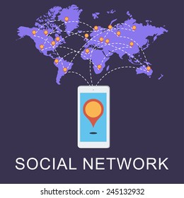 Global Social Network Vector Concept . With smart phone showing locations and map with map poinetrs . Flat Design Illustration for Web Sites Infographic Design.