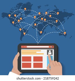 Global Social Network Vector connection and share Concept . With a user holding a tablet showing browser and map with map poinetrs . Flat Design Illustration for Web Sites Infographic Design.