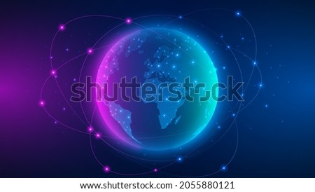 Global social network. World map of the planet. Global connection concept. Internet amd technology. Futuristic blue background
