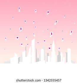Global social networks, network of personal and business contacts over the big city, minimalistic vector concept