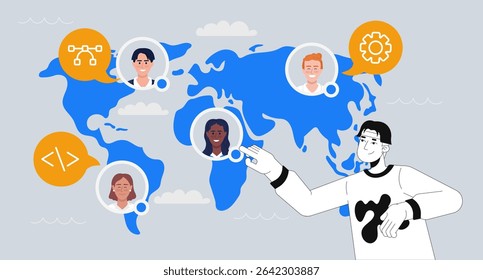 Global software development and jobs outsourcing 2D illustration concept. Recruiting talent. World map with diverse developers cartoon conceptual abstract vector art. Flat metaphor on grey background