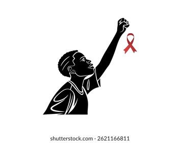 Global Solidarity Against AIDS A Powerful Symbol of Awareness, A powerful, stylized image depicting an arm raised in a fist, with a red awareness ribbon on the wrist against the backdrop of a world m