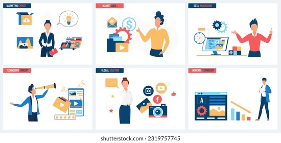 Global solutions of marketing experts, market data processing with modern technology set vector illustration. Cartoon tiny people work with information on computer and phone screen, analyze charts