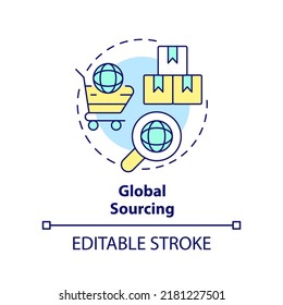 Global Sourcing Concept Icon. Effective Procurement Strategy Abstract Idea Thin Line Illustration. Foreign Manufacturer. Isolated Outline Drawing. Editable Stroke. Arial, Myriad Pro-Bold Fonts Used