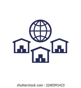 Global sourcing icon with warehouses