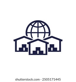 Global sourcing icon with warehouses on white