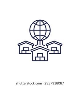 Global sourcing line icon with warehouses