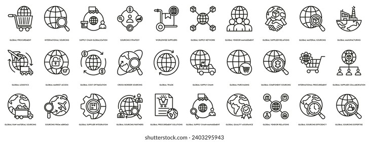 Global Sourcing vectors icon illustration for Global Procurement, International Sourcing, Supply Chain Globalization, Sourcing Strategy, Worldwide Suppliers, Global Supply Network