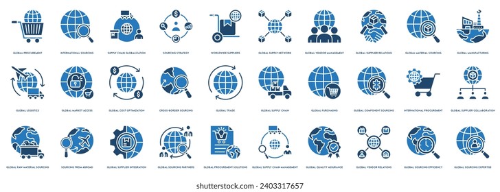 Global Sourcing vectors icon illustration for Global Procurement, International Sourcing, Supply Chain Globalization, Sourcing Strategy, Worldwide Suppliers, Global Supply Network