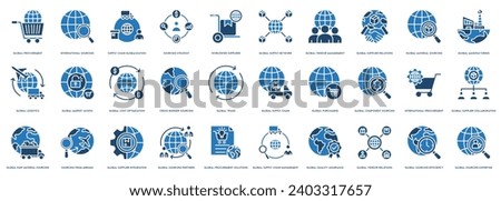 Global Sourcing vectors icon illustration for Global Procurement, International Sourcing, Supply Chain Globalization, Sourcing Strategy, Worldwide Suppliers, Global Supply Network