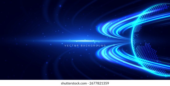 Global speed blue rays connection network on dark blue background. High speed technology futuristic concept. Vector illustration