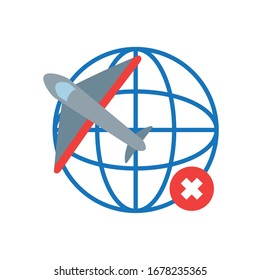 global sphere and airplane icon, banned global flights symbol over white background, flat style, vector illustration