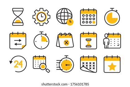 Global Sphere And Calendar Icon Set Over White Background, Half Line Half Color Style, Vector Illustration