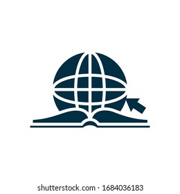Symbol für globales Kugel- und Bildungsbuch auf weißem Hintergrund, Silhouettenstil, Vektorillustration