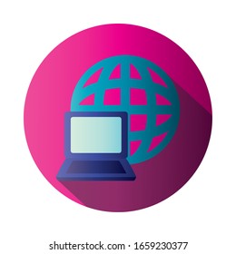 Global sphere with laptop block gradient style icon design, Communication internet connectivity web technology social media network and virtual theme Vector illustration