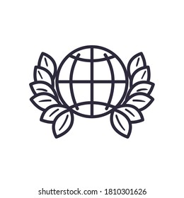 Global sphere with leaves wreath line style icon design, Communication internet and connectivity theme Vector illustration