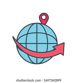 esfera global con icono de posición y flecha sobre fondo blanco, estilo de línea y relleno, ilustración vectorial