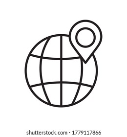 global sphere with location pin icon over white background, line style, vector illustration