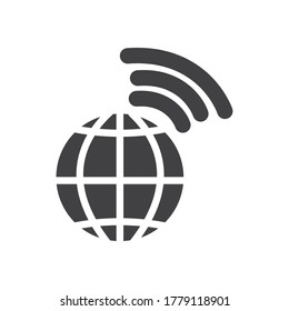 esfera global y señal de red sobre fondo blanco, estilo de silueta, ilustración vectorial