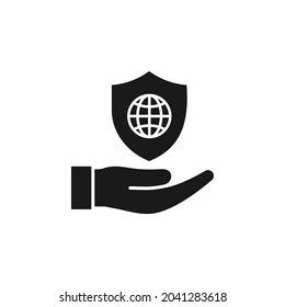 Global sphere and shield on hand. Internet protection icon flat style isolated on white background. Vector illustration