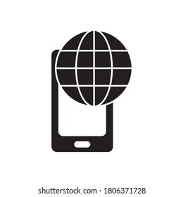 global sphere and smartphone icon over white background, silhouette style, vector illustration
