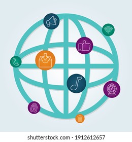 global sphere with social media icons around over white background, line and fill style, vector illustration