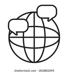 esfera global con icono de burbujas de voz sobre fondo blanco, estilo de línea, ilustración vectorial