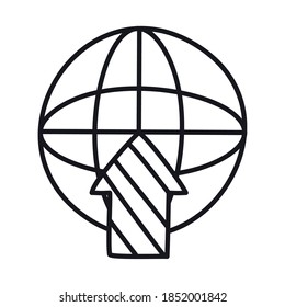 global sphere with uoload arrow over white background, line style, vector illustration