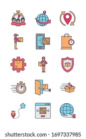 global spheres and fast delivery icon set over white background, line and fill style, vector illustration