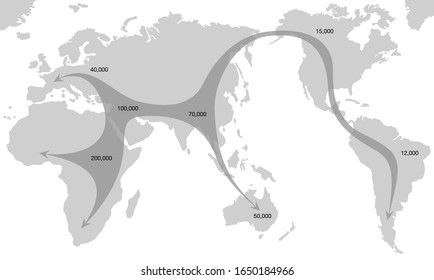 Global Spread Of Humankind From Africa 200000 Years Ago With Their Paths Of Expansion And Time Of Settlement On The Continents. Early Human Migration World Map. Simplified Chart.
