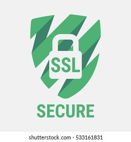 Global SSL Security Icon. Safe and Secure Web sites on the Internet. SSL certificate for the site. Advantage TLS. Closed padlock on a green shield. Material Design icon. Vector illustration.