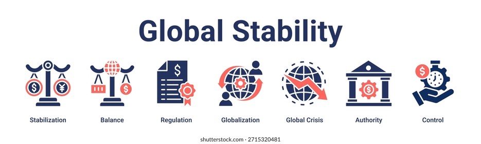 Global Stability banner ícone web vetor ilustração conceito para negócios com ícone de Estabilização, Equilíbrio, Regulação, Globalização, Crise Global, Autoridade.