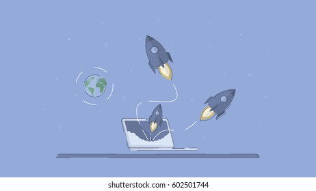 Global startup.  Concept business vector for investing into ideas, creative innovative work, growing business. Flat illustration with thin broken line.