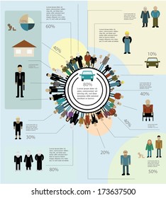 Global statistic life with different peoples. Infographics template of human life