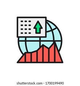 Global Stock Market Growth, World Economic Development Flat Color Line Icon.