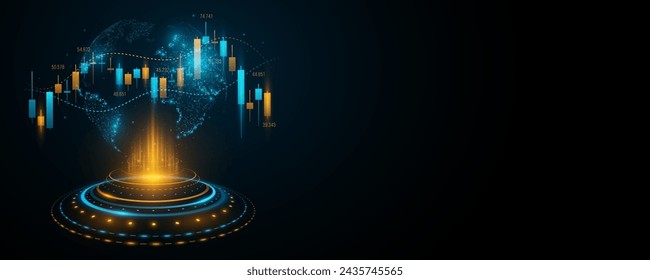 Gráfico de operaciones de inversión en el mercado bursátil mundial. Círculo de HUD futurista con globo de tierra holográfico. Antecedentes empresariales. Ilustración vectorial. EPS 10.